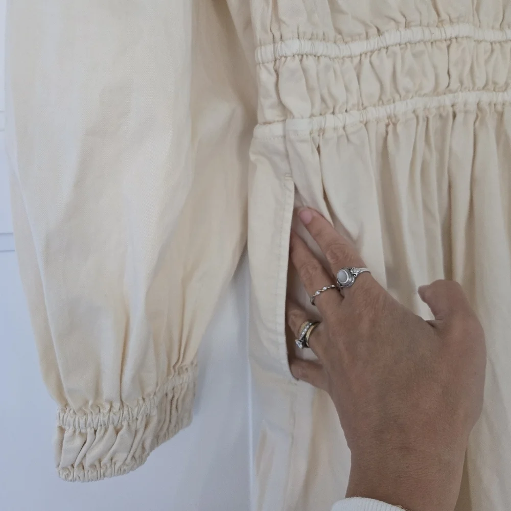 NWT Long-Sleeve Smocked-Waist Midi Dress Lightweight Chino Khaki Size XS NEW - Picture 12 of 13